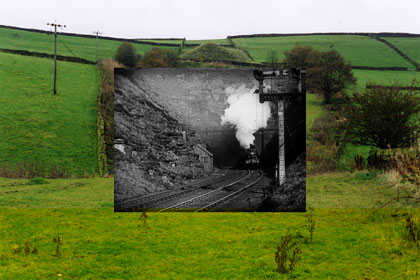 The site of Queensbury station in 2004, with inset from Queensbury Tunnel (Riley Brothers, 1898)